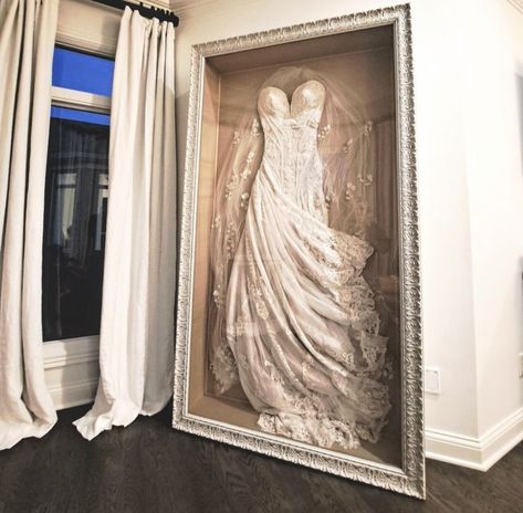 Veil Display After Wedding, Framed Wedding Dress In Closet, Preserved Wedding Dress, Diy Wedding Dress Shadow Box Display, Wedding Dress Framing, Wedding Dress Box Display, Wedding Dress In Shadow Box Display, Wedding Dress Framed, Wedding Veil Display Ideas