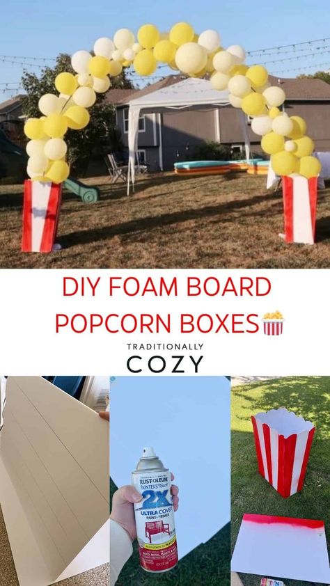 Make your own foam board popcorn boxes for an arch display and a big impact at your backyard movie night birthday party! Backyard Movie Night Birthday Party, Arch Display, Outdoor Movie Party, Movie Night Birthday, Night Birthday Party, Diy Popcorn, Movie Night Popcorn, Movie Night Birthday Party, Popcorn Boxes