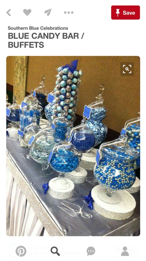 Blue Candy Bar, Ideas For Wedding Party, Blue Candy Bars, Blue Candy Buffet, Silver Wedding Decorations, Blue Wedding Decorations, Diamond Party, Candy Station, Denim And Diamonds