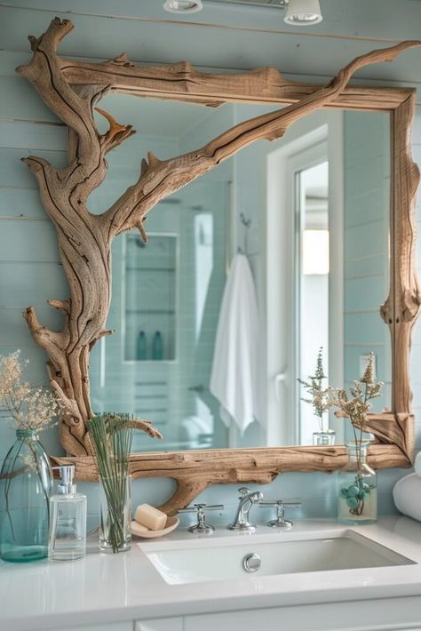 Decorate Around A Mirror, Coastal Theme Bathroom, Coastal Bathroom Design, Theme Bathroom, Driftwood Mirror, Coastal Bathroom, Beach House Interior Design, Coastal Theme, Beach Theme Bathroom