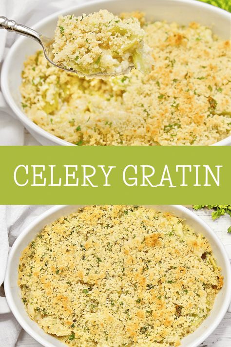 Celery Gratin ~ Fresh celery smothered in a creamy sauce, topped with crispy breadcrumbs, and baked until golden brown and bubbly on top. Baked Celery Recipes, Celery Gratin, Creamed Celery, Celery Casserole, Roasted Celery, Vegan Casserole Recipes, Celery Recipes, Vegan Casserole, Vegan Parmesan Cheese