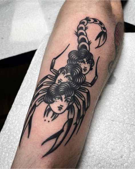 Tradition Black Tattoo, Traditional Tattoo Of A Woman, Spooky Traditional Tattoo Black, Scorpion American Traditional Tattoo, American Gothic Tattoo, Trippy American Traditional Tattoo, Traditional Thigh Tattoo Women, Dark American Traditional, Shin Tattoo Traditional