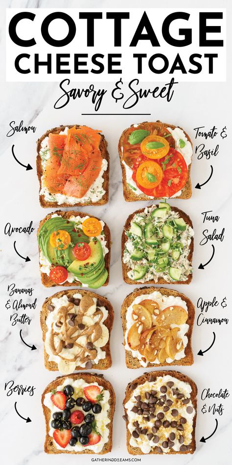 This cottage cheese toast is incredibly versatile. It’s the perfect way to start your day, a protein-packed snack or a quick 5-minute light dinner. Whether you’re craving a sweet or savory treat, you can switch out your toppings to suit you! Fruit, nuts, avocado, tomatoes? You name it, this toast nails it! Cottage Cheese Toast, Healthy High Protein Meals, Cottage Cheese Recipes, Resep Diet, Cheese Toast, Egg Muffins, High Protein Breakfast, God Mat, Light Dinner