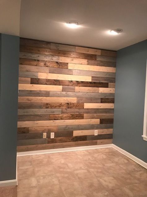 Shiplap Wall From Pallets, Shiplap Gym Wall, Different Color Shiplap Walls, Boards On Walls Diy, Barnwood Planks On Wall, 2x4 Accent Wall, Wood Stain Shiplap Wall, Shiplap Wall Stained, Multi Stained Wood Wall