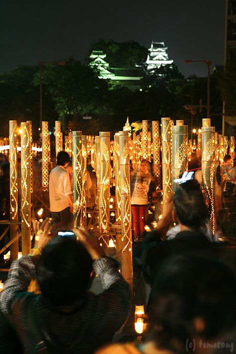 Mizuakari | "Bamboo Lantern Festivsl at Kumamoto castle." Ch… | Flickr Bamboo Art Installation, Rustic Restaurant Interior, Snowboarding In Japan, Kumamoto Castle, Outdoor Restaurant Design, City Branding, Bamboo Lantern, City Japan, Bamboo Construction