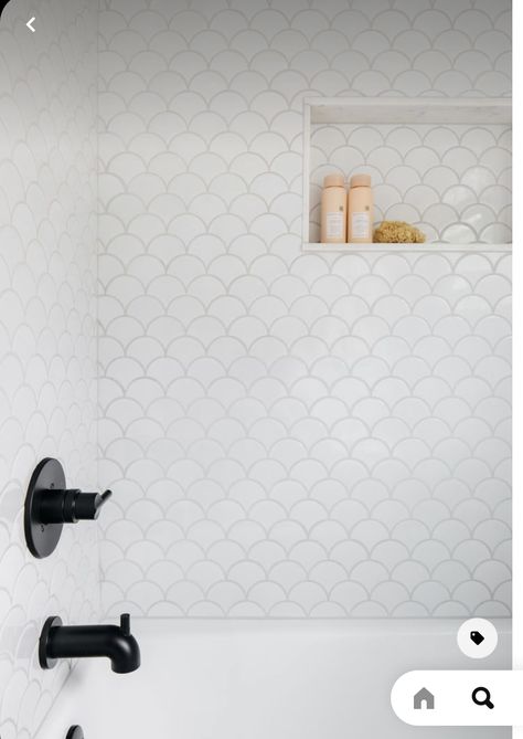 White Scalloped Tile Bathroom, Kids Bathroom Tiles Ideas, Textured Tile Wall Bathroom, Scalloped Bathroom Tile, Fish Scale Tile Bathroom Showers, White Scallop Tile Bathroom, Scalloped Shower Tile, Scallop Shower Tile, Cute Bathroom Tile