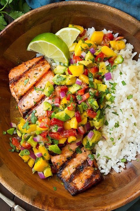 Grilled Salmon with Mango Salsa & Coconut Rice - Cooking Classy Salmon With Mango Salsa, Salmon With Mango, Mango Salsa Salmon, Mango Avocado Salsa, Lime Salmon, Salmon Avocado, Dinner This Week, Coconut Rice, Cooking Classy