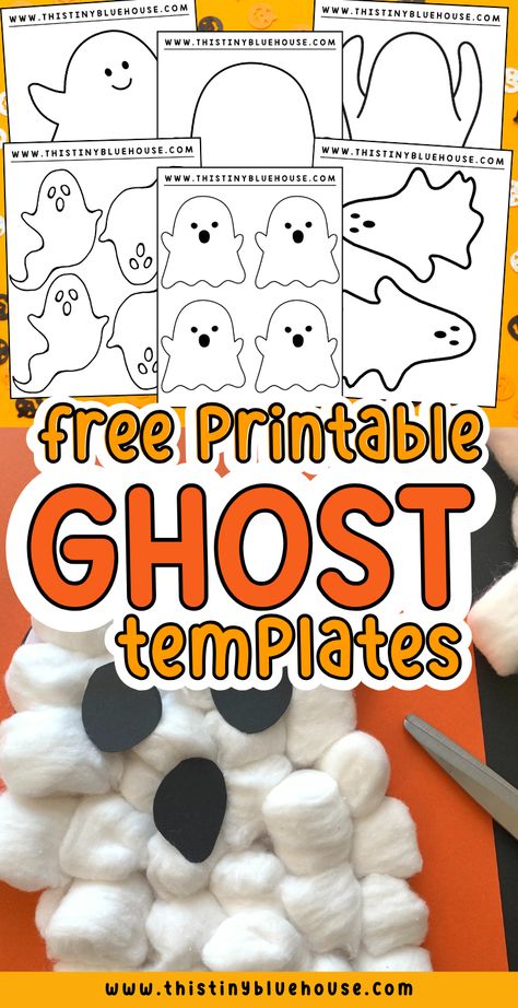 These fun ghost template printables are a fun way to make ghost crafts with kids.   We created 6 unique ghost templates for kids that are a good choice for teachers and parents alike.   This free printable ghost pattern is a fun way to boost creativity when you are looking for a Halloween craft idea that is low prep and last minute.   You can use our ghost template printable to make crafts, decoration, bulleting board decor, garlands and much much more. Ghost Art For Preschool, G Is For Ghost Preschool, Paper Bag Ghost Craft, Ghost Template For Kids, Ghost Cut Out Template, Ghost Preschool Crafts, Preschool Ghost Activities, Ghost Crafts For Toddlers, Ghost Template Free Printable