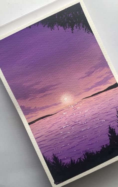 Lavender Sunset Painting, Medium Canvas Painting Ideas Easy, Sun Painting Easy, Purple Art Aesthetic Painting, Gouache Painting Easy, Purple Landscape Painting, Purple Painting Ideas, Purple Sunset Painting, Gouache Sunset