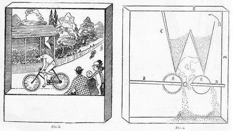 Sand automaton depicting a bike race. (From The Boy's Own Paper.) Sand Powered Automata, Sand Automata, Paper Automata, Automata Toys, Puppet Inspiration, Automata Mechanical, Paper Train, Mechanical Toys, Moving Art