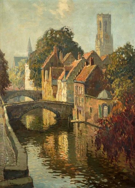 Ben Viegers (1886–1947), Stadsgezicht op Brugge. Gesigneerd l.o., doek, afm. 76 X 56 cm. Impressionism, Dutch Painters, Old Paintings, Aesthetic Painting, Beginner Painting, Pretty Art, Beautiful Paintings, Aesthetic Art, Classic Art