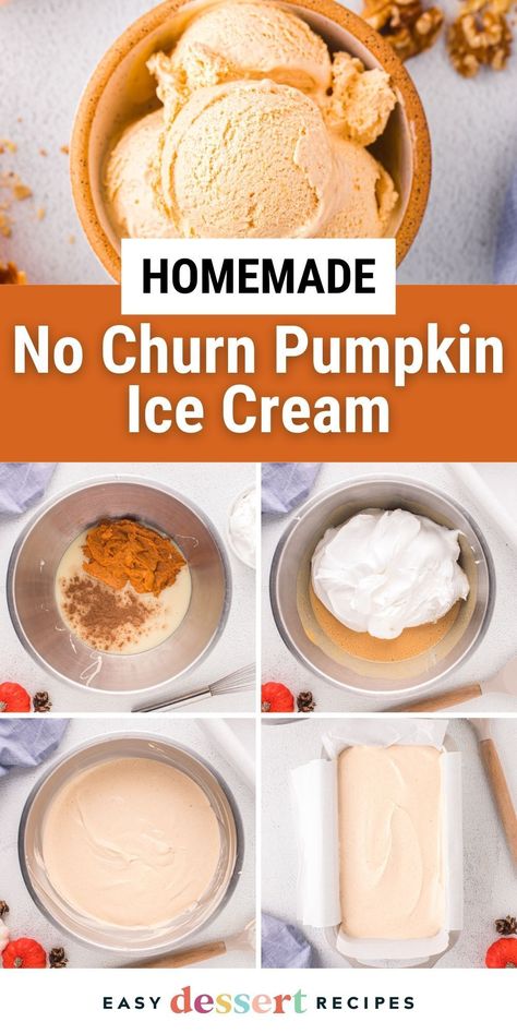 This Homemade No Churn Pumpkin Ice Cream is the perfect dessert for pumpkin spice lovers. Easy to make and full of fall flavors! Perfect for fall gatherings and special occasions like Halloween and Thanksgiving. Find the full recipe on our site. No Churn Pumpkin Ice Cream, Thanksgiving Ice Cream, No Churn Ice Cream Recipes, Pumpkin Ice Cream Recipe, Pumpkin Spice Ice Cream, Pumpkin Food, Halloween Ice Cream, Pumpkin Ice Cream, Easy Dessert Recipes