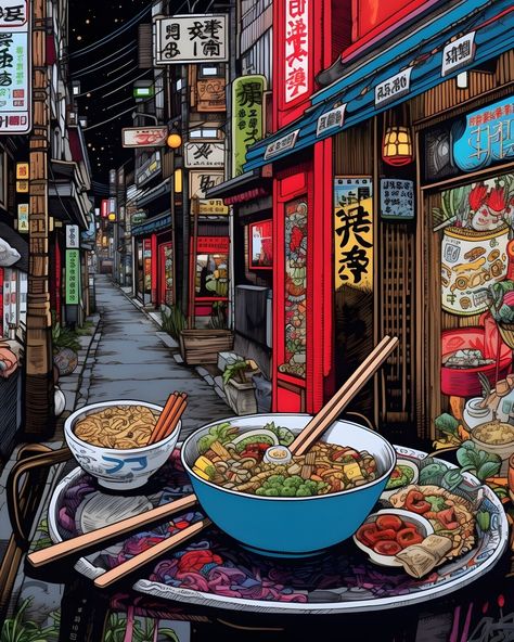 Kawaii Art Prints, Japanese Food Illustration Art, Food Street Design, Tokyo Moodboard, Japan Illustration Art, Lofi Images, Tokyo Picture, Photo Collage Ideas, Japan Street Food