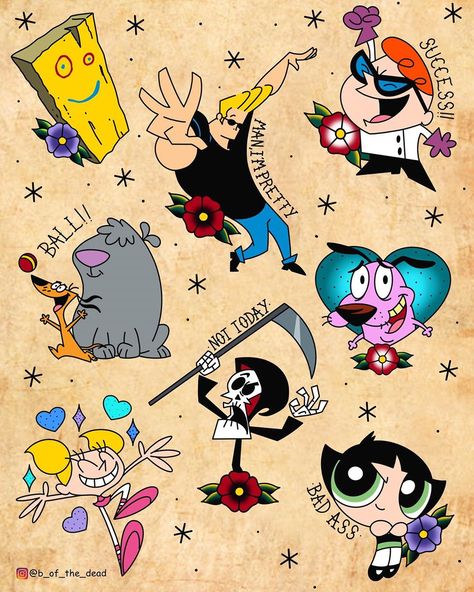 Necropolis Tattoo on Instagram: “90s Cartoon Network and Nickelodeon traditional tattoo designs available from artist @b_of_the_dead message him if interested!…” 90s Cartoon Network, Cartoon Network 90s, 90s Tattoos, Traditional Tattoo Designs, Cartoon Tattoo, Kunst Tattoos, Omerta Tattoo, Theme Tattoo, School Cartoon