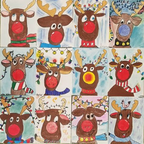 Reindeer Art Projects, Rudolph Crafts, Christmas Art For Kids, Holiday Art Projects, Winter Art Lesson, Class Art Projects, Christmas Lesson, December Crafts, Christmas Art Projects