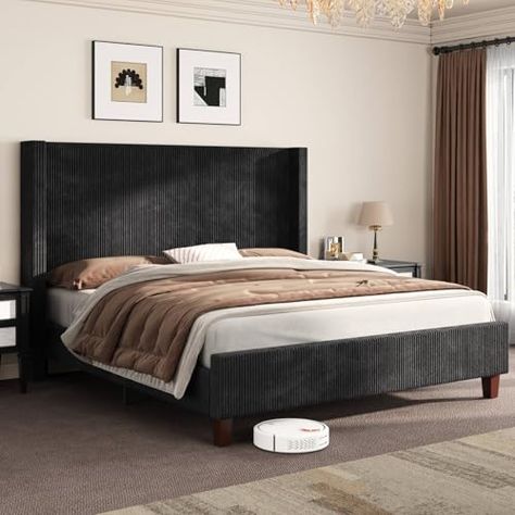 Black Headboard Bedroom, Channel Tufted Headboard, Velvet Bed Frame, King Size Platform Bed, Winged Headboard, Black Bed Frame, Modern Bed Frame, Black Headboard, Queen Size Platform Bed