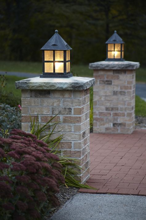 The stout Cottage Lantern features decorative roof vents and a simple ball finial and is the perfect complement for Shingle Style, Cape Cod, American Foursquare and Bungalow style homes. Brick Columns Driveway, Solar Lights Ideas, Solar Lights Ideas Outdoor, Brick Mailbox, Outdoor Pillar Lights, Brick Pillars, Driveway Entrance Landscaping, Lighting Exterior, Lantern Lighting