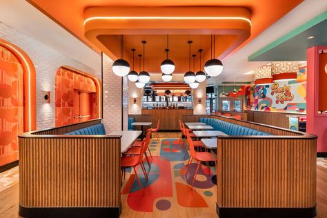 Peachy Keen — Wid Chapman Architects 70s Restaurant Interior Design, 70s Restaurant, Hell’s Kitchen, Bathroom Furnishings, Hell's Kitchen, Peachy Keen, Cafe Interior Design, Food Hall, Restaurant Interior Design