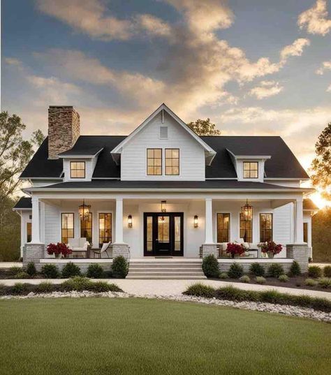 Cute House Design Exterior, Country House Exterior Farmhouse, Story And A Half House Exterior, Cute Cozy House Exterior, House Exterior Simple, Cute House Aesthetic, Pretty White House, Aesthetic House Exterior, Cute Homes