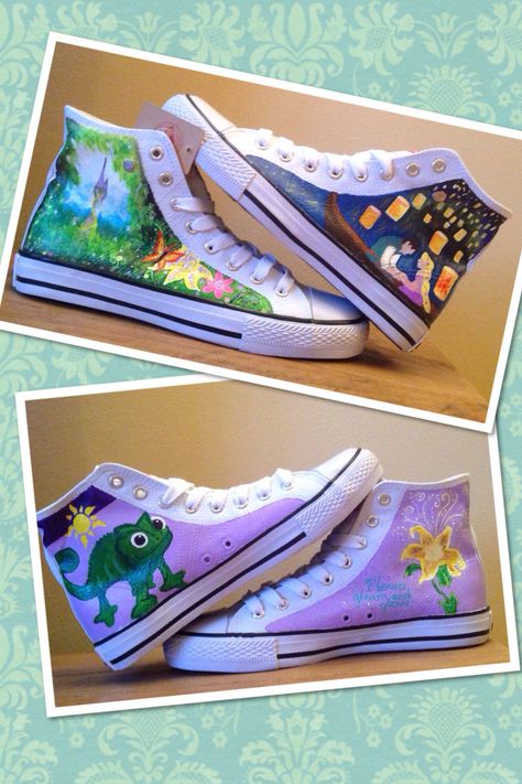 Repunzle Painting Ideas, Custom Disney Shoes, Rapunzel Converse, Tangled Converse, Rapunzel Heels, Tangled Shoes, Rapunzel Shoes, Tangled Shoes Painted, Rapunzel Shoes Painted