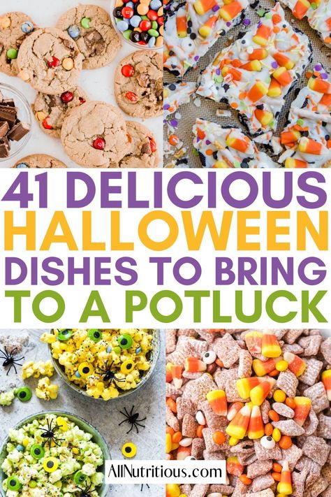 Planning a Halloween party or just looking for potluck recipes? These easy and delicious recipes are perfect when you need a last minute dish to bring. Halloween Food To Bring To A Party, Food Ideas To Bring To A Party, Easy Halloween Potluck Ideas Food, Halloween Themed Potluck Dishes, Sides For Halloween Party, Halloween Potluck Side Dishes, Halloween Potluck Food Ideas For Work, Halloween Party Sides Dishes, Side Dishes For Halloween Party