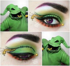 Oogie boogie makeup Boogie Man Makeup, Oogie Boogie Makeup Ideas, Diy Oogie Boogie Costume For Women, Boogie Man Nails, Oogie Boogie Makeup, Nightmare Before Christmas Eyeshadow, Christmas Eyeshadow Looks, Oogie Boogie Costume, October Makeup