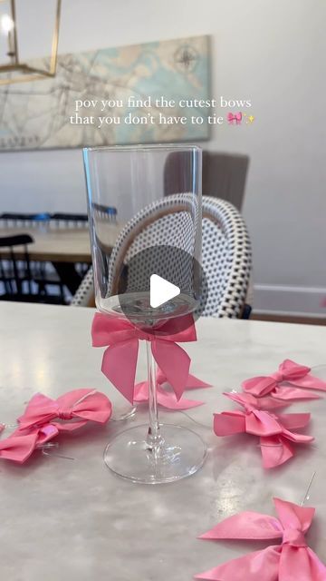 Bow Centerpiece Party Ideas, Bow For Vase, Bow Centerpiece, How To Make Bow Balloons, Bows On Wine Glasses, Bow Galentines Party, Champagne Glasses With Bows, 26th Birthday, Diy Bachelorette Party