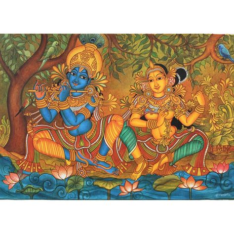 Kerela Murals Paintings, Krishna Landscape, Mural Krishna, Krishna Mural Painting, Hindu Paintings, Deities Art, God Painting, Wallpaper Drawing, Mural Art Design