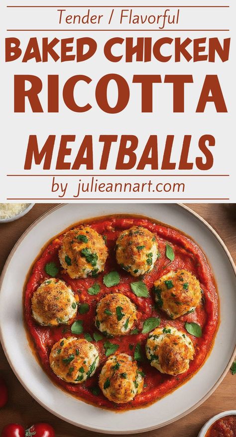 Tender & Flavorful Baked Chicken Ricotta Meatballs Baked Chicken And Ricotta Meatballs With Broccolini, Ground Chicken Meatballs Baked, Spinach Ricotta Meatballs, Chicken Ricotta Meatballs Recipe, Ricotta Turkey Meatballs, Ricotta Chicken Meatballs, Baked Chicken Ricotta Meatballs, Stuffed Chicken Meatballs, Chicken Ricotta Meatballs