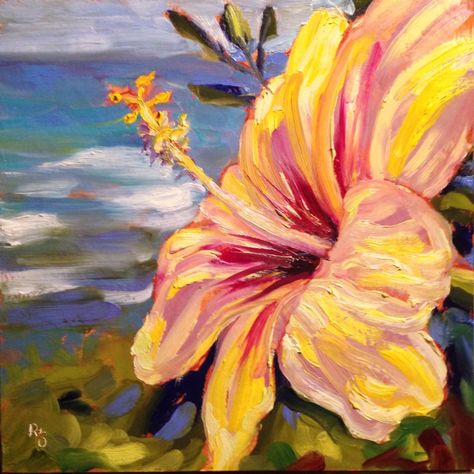 Pua Aloalo (Yellow Hibiscus) 12" x 12" oil on 1.5" cradled panel Hawaii, Hawaiian, floral, seascape, painting, Ronald Lee Oliver RLOArtist Hibiscus Oil Pastel, Hibiscus Oil Painting, Hibiscus Flower Acrylic Painting, Tropical Flower Art, Hawaii Flower Painting, Hibiscus Paintings, Hawaiian Flower Painting, Tropical Flowers Painting, Tropical Flower Painting