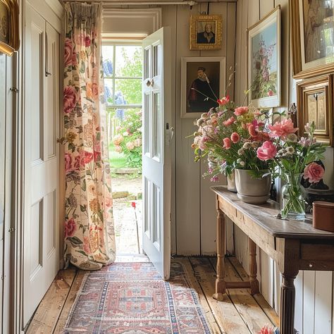 English Entryway Foyers, Home Entrance Aesthetic, Modern Country Hallway, Cozy English Kitchen, English Country Farmhouse Decor, Classic English Kitchen Cottage, English Cottage Hallway, English Cottage Style Entryway, English Rose Style