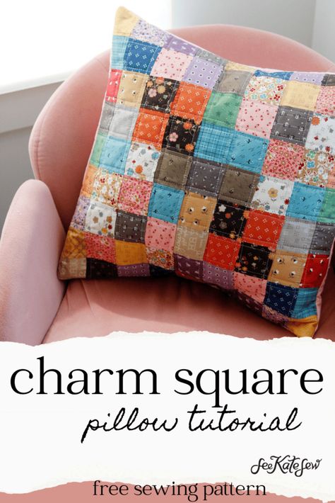 Charm Square Patchwork Pillow Tutorial Charm Pack Projects, Square Patchwork, Sew Patterns, Quilted Top, Pillow Tutorial, Patchwork Pillow, Easy Sewing Projects, Sewing For Beginners, Sewing Patterns Free