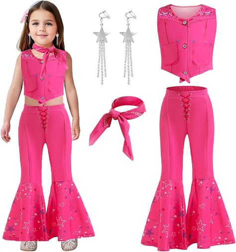 Amazon.com: Rickem Girls Cowgirl Costume Sleeveless Top Flare Pants Kids 70s 80s Disco Outfits Movie Doll Dress up for Halloween : Toys & Games Girls Cowgirl Costume, 80s Disco Outfit, Pink Cowgirl Outfit, Cosplay Kids, Pink Heart Dress, Cowgirl Vintage, Cowgirl Outfit, Pink Costume, Barbie Costume