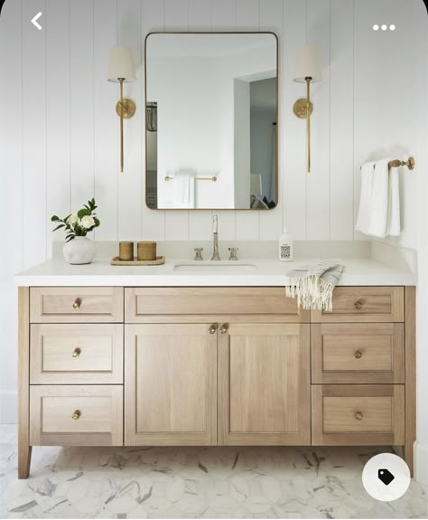 White Oak Primary Bathroom, Marble And White Oak Bathroom, Studio Mcgee Bathroom Vanity, Wood Tile In Bathroom, Natural Wood Bathroom Cabinets, White Oak Bathroom Cabinets, Walnut Vanity Bathroom, French Country Master Bath, White And Beige Bathroom