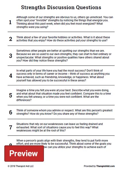 Writing and conversation prompts to explore your strengths Identifying Strengths Activities, Questions To Ask Clients In Therapy, Therapy Discussion Questions, Values Worksheet Therapy, Strength Based Therapy Activities, Values Questions, Strengths List, Strengths Worksheet, Therapist Aid Worksheets