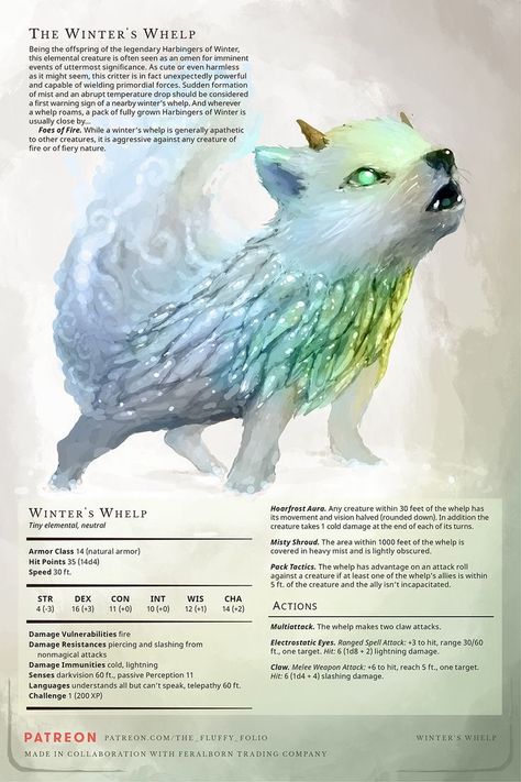 Feywild Animals, Cute Dnd Familiars, Fey Animals Dnd, Small Fey Creatures, Dnd Winter Creatures, Dnd Homebrew Creature, Mythical Winter Creatures, Dnd Monsters Cute, Winter Fey Dnd