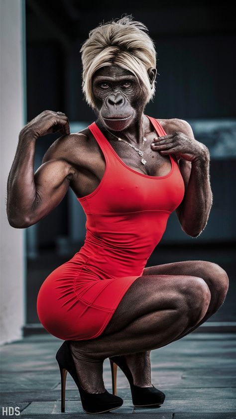 A striking full-body portrait of an athletic fitness gorilla model, wearing a form-fitting red bodycon dress and high heels. The gorilla's short blonde hair and freckles add to her unique and charming appearance. She poses candidly, showcasing her toned body and strength. A delicate assortment of jewelry adorns her, accentuating her stunning features. The photo is captured with high dynamic range (HDR) and natural lighting, emphasizing the vibrant colors and depth of the scene. Full Body Model Poses, Dynamic Poses Art, Dress And High Heels, Body Portrait, Funny Animal Images, Funny Face Photo, Kaptan Jack Sparrow, Friendship Photography, Cartoon Character Tattoos