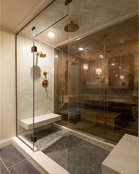 A space designed to awaken your senses, combining the allure of a shower and sauna escape. Via boldtile.com | Instagram Sauna Shower Room, Steam Room Shower Combo, Sauna In Shower Room, Sauna And Bathroom Combo, Sauna Steam Shower Combo, Sauna Steam Room Design, Shower And Sauna Combo, Shower Sauna Combo Master Bath, Steam Shower Ideas Master Bath Wet Rooms