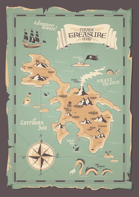 Treasure Hunt Map, Maps Illustration Design, Pirate Illustration, Pirate Map, Grunge Illustration, Pirate Treasure Maps, Pirate Island, Ship Map, Poster Project