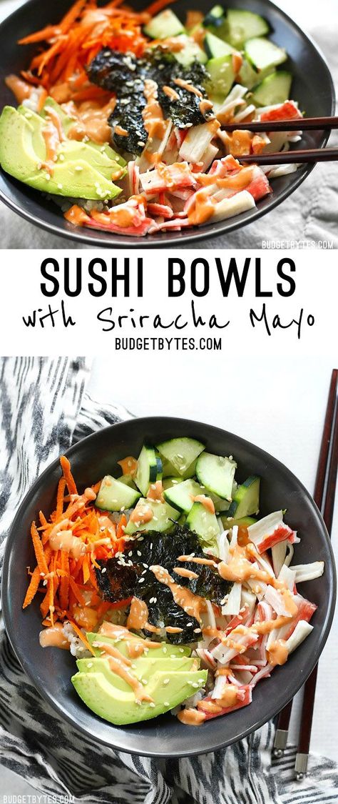 Sushi Bowls are a fast, easy, and inexpensive alternative to your favorite sushi bar. @budgetbytes Sushi Bowls, Cycling Diet, Paleo Snack, Carb Cycling Diet, Japanese Diet, Sriracha Mayo, Budget Bytes, Sushi Bowl, Homemade Sushi