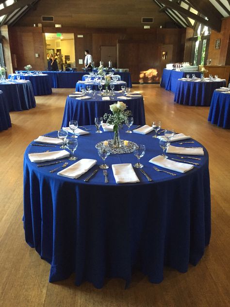 Royal Blue Round Table, Royal Blue Tablecloth, Midnight Blue Table Cloth, Navy Chair Covers Wedding, Red And Navy Blue Wedding Centerpieces, Royal Blue Tablescape, Royal Blue And White Decorations Party, Royal Blue And Silver Table Settings, Royal Blue And Silver Table Decorations