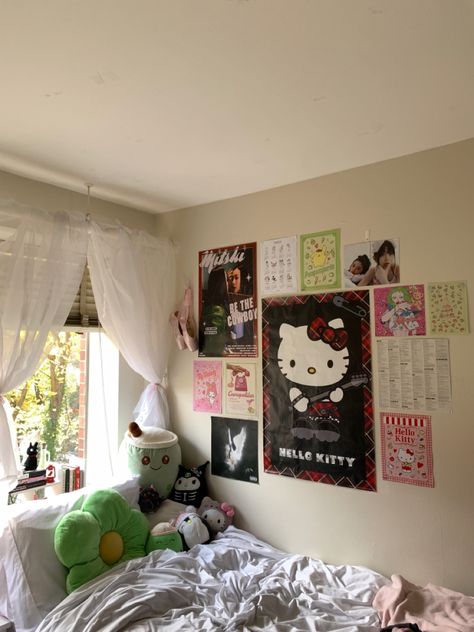 Hello Kitty Posters For Room, Aesthetic Room Green And Pink, Dorm Room Ideas Hello Kitty, Sanrio Dorm Room, Dorm Room Inspo Aesthetic Pink, Hello Kitty Grunge Room, Hello Kitty Inspired Room, Hello Kitty Dorm Room, Dorm Room Ideas Grunge