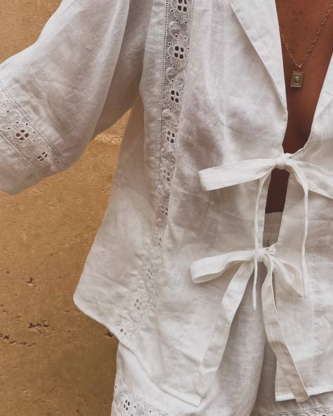 “Our favorite linen and lace pieces are ready to pack for your next holiday. Wear them as a set or mix and match as perfect separates.” Linen Clothes Aesthetic, White Layered Outfit, Linen Matching Set, Linen Aesthetic, Electric Projects, White Linen Outfit, Linen Two Piece Set, Holly Brown, 2020 Outfits