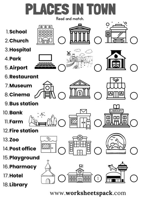 Places in Town Worksheets - worksheetspack Esl Places In Town, Esl Vocabulary Worksheets, Community Places Worksheets, My Town Activities, In On Under, Place Worksheet, City Activities, Places In The Community, Community Places