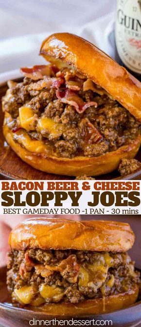 Bacon, Beer and Cheese Sloppy Joes are the perfect gameday food for a crowd with a Guinness sauce and sharp cheddar cheese filling. #bacon #beer #cheese #sloppyjoes #dinnerthendessert #weeknightmeals #gameday Dinner Recipes To Change It Up, Southern Dinners, Cheese Sloppy Joes, Resep Burger, Resep Sandwich, Comfy Food, Beer Bacon, Grab Food, Sloppy Joes Recipe