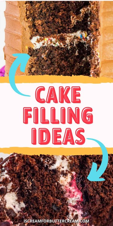 Fun, creative and tasty cake filling ideas you and your family will love. Whether you use these cake filling recipes to cover cakes or just to fill layer cakes, you've got tons of options to choose from and the combinations are really endless. Cake Recipes With Filling, Layer Cake With Filling, Cake Filling For Chocolate Cake, Filling Ideas For Chocolate Cake, Layered Filled Cake, Decorated Cake Recipes, Easy Cream Cheese Filling For Cake, Cake Fillings Recipes Easy, Cake And Filling Combos