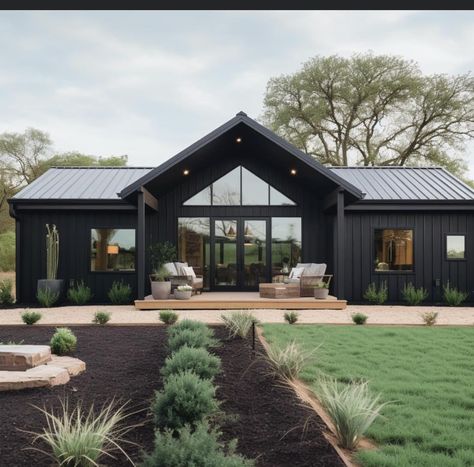 Ranch House Black Windows, Black Ranch House, Granny Annexe Ideas, Black Ranch House Exterior, House Black Windows, Scandinavian House, Ranch House Exterior, Home Dark, Ranch Exterior