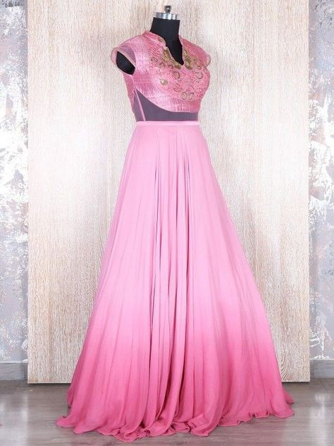 Dress Long Pink, Gowns Designs, Top Lehenga, Indowestern Gowns, Ombre Gown, Lehenga Design, Georgette Gown, Cotton Blouse Design, Long Frock Designs