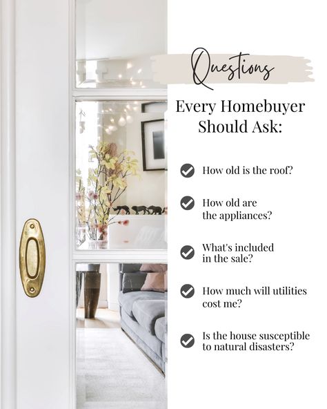 Questions Homebuyers Should Ask, Real Estate Home Buying Tips, Real Estate Questions For Buyers, Real Estate Announcement Ideas, Realtor Questions, This Or That Real Estate, Real Estate Advertising Ideas, Buyers Consultation, Real Estate Agent Website Design