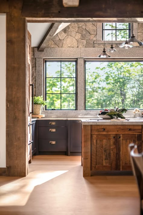 Black Mantle Fireplace, Vermont Mountains, Black Mantle, Gothic Love, Mantle Fireplace, Timber Frame House, Condo Interior Design, Condo Interior, White Oak Floors